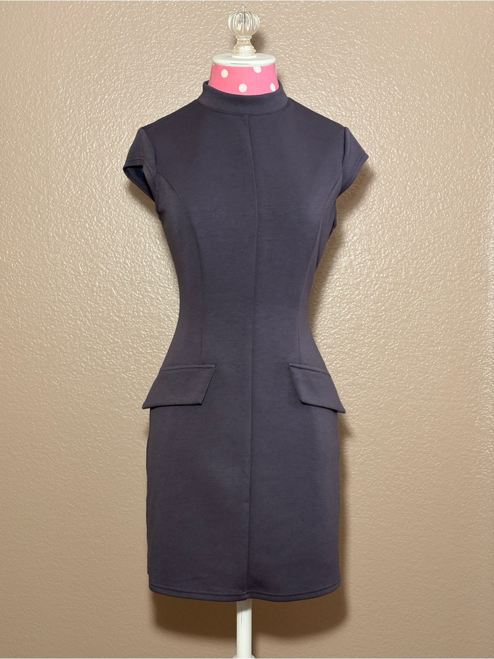 Structured Cap-Sleeve Mini Dress in Charcoal Gray